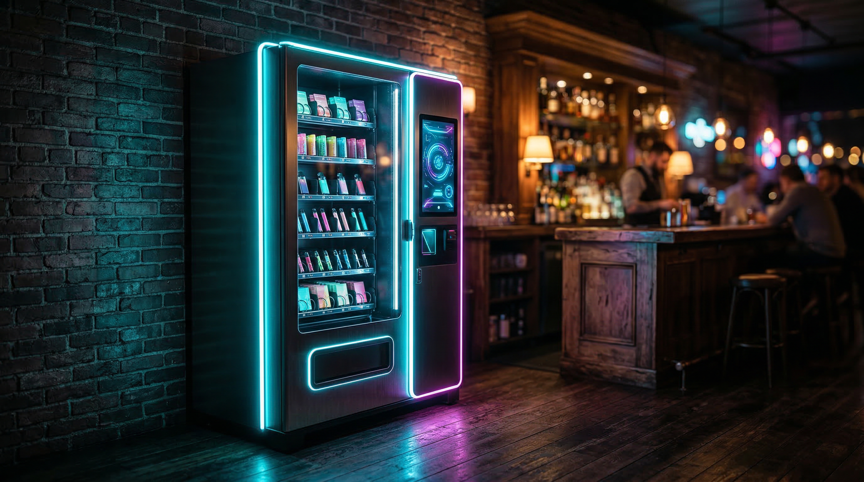 A sleek vending machine glowing with neon lights in a dimly lit upscale bar