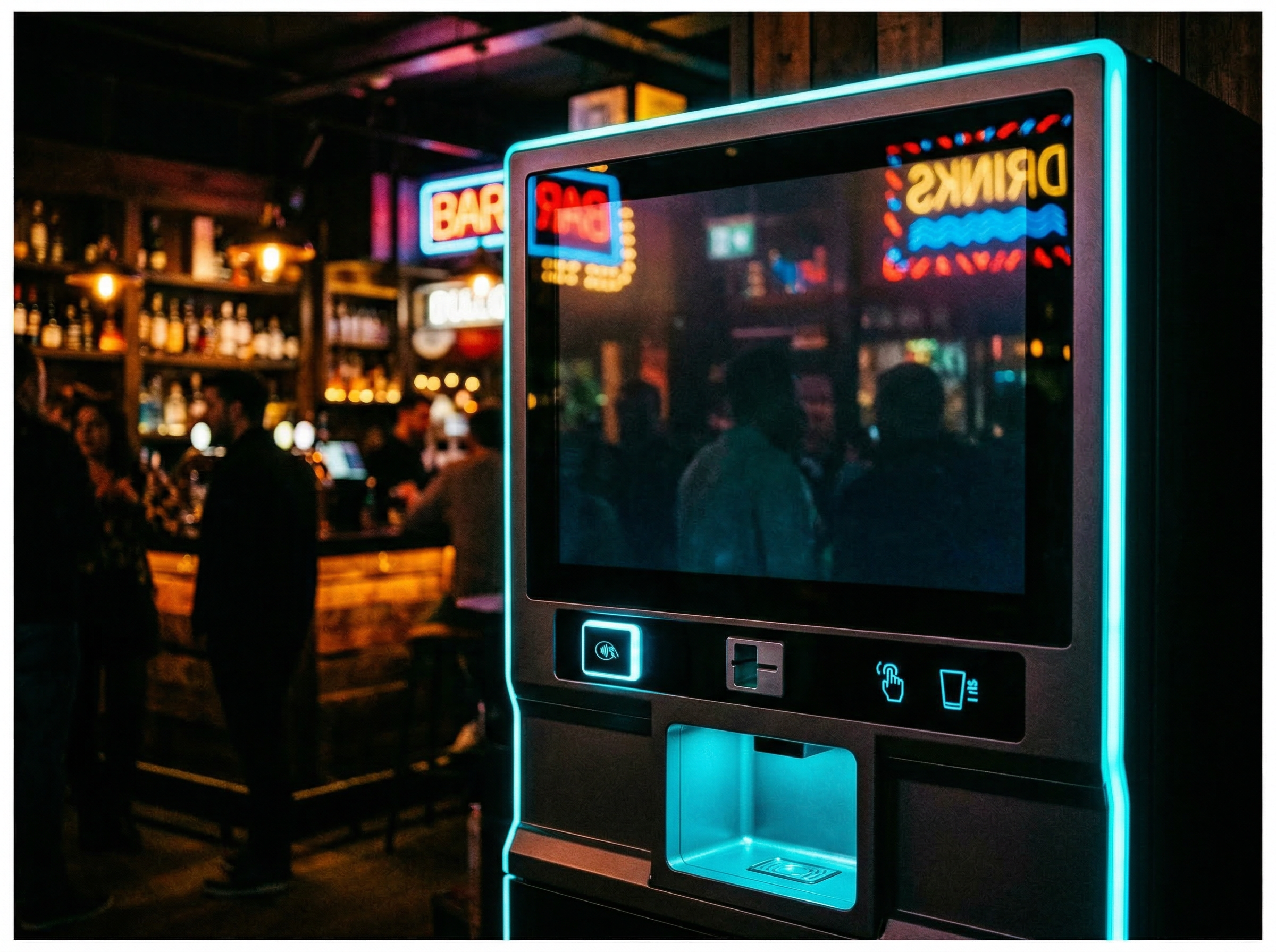 Detailed view of a vending machine touchscreen with neon accents in a bar